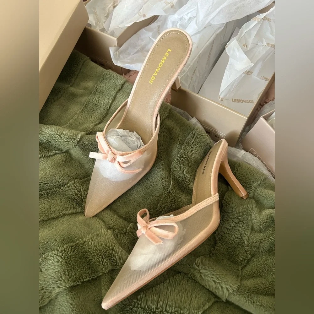 Blush Mesh Pointed Toe Heels with Bow Detail - Picture 2 of 5